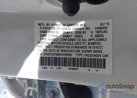 2019 Honda Civic Lx z USA, uszkodzony, nr VIN 2HGFC2F60KH539999